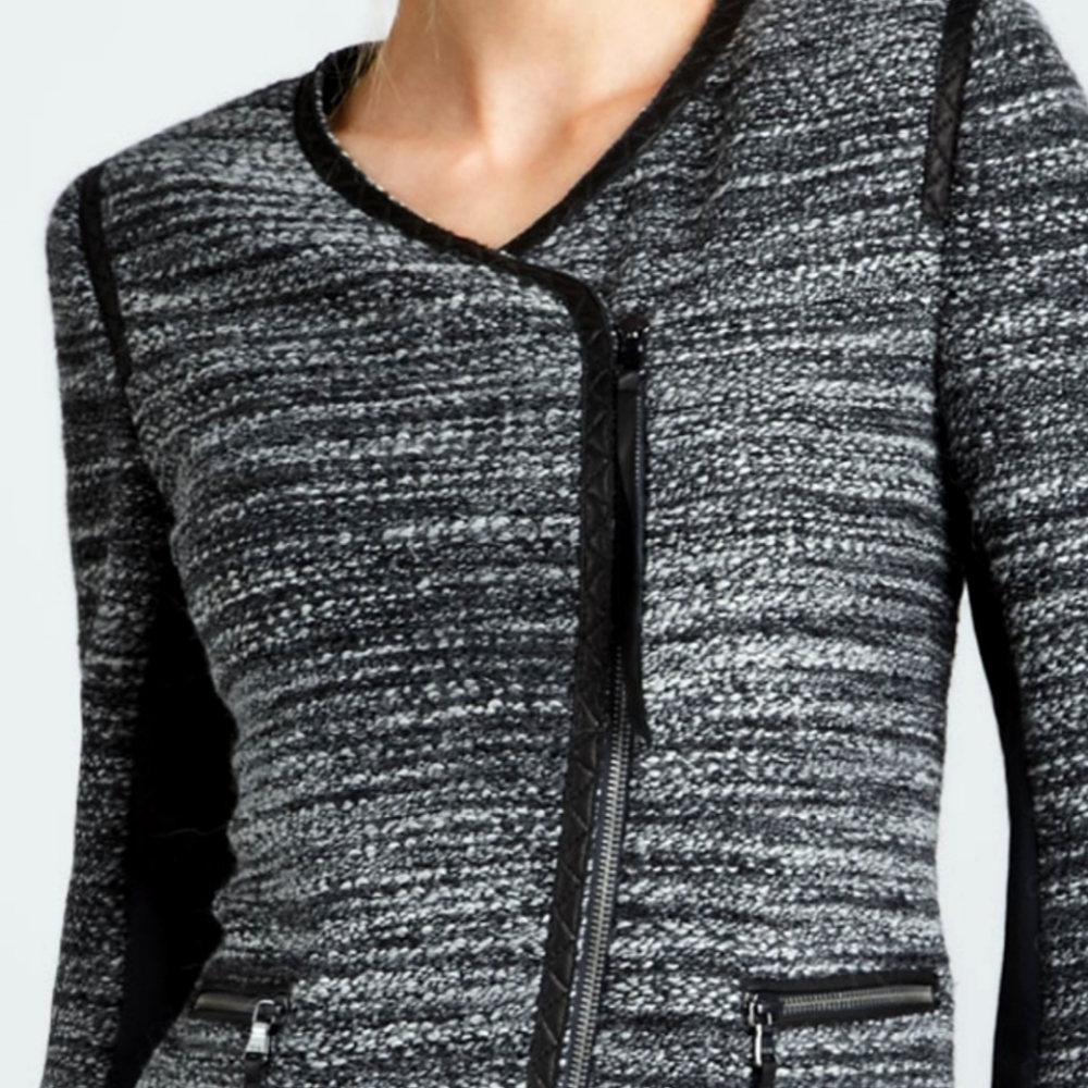 Rebecca Taylor Black and White Tweed Jacket with Leather Trim, Size 2